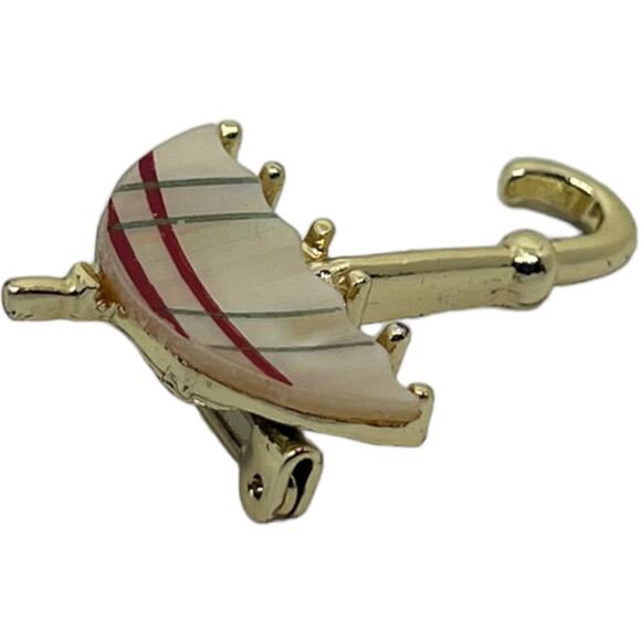Vintage Umbrella Brooch Pin Mother of Pearl Red Stripe Gold Tone 1960s Parasol - Picture 6 of 15
